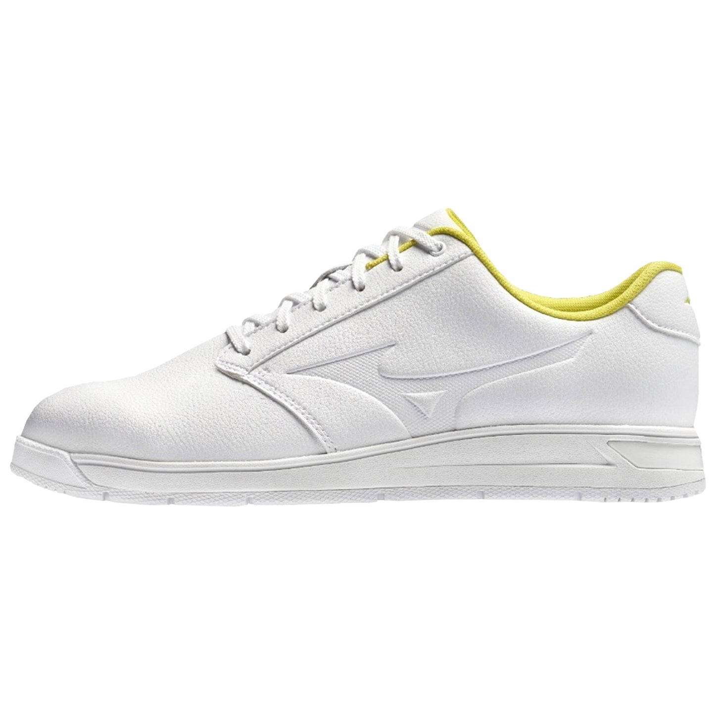 A white athletic shoe features a smooth leather texture with a yellow accent around the collar and is positioned to highlight its sleek design and low profile suitable for sports activities.