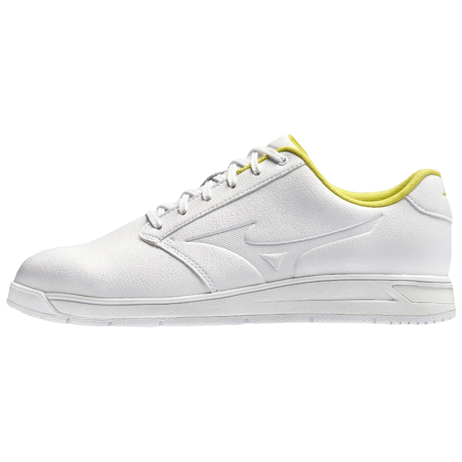 A white athletic shoe features a smooth leather texture with a yellow accent around the collar and is positioned to highlight its sleek design and low profile suitable for sports activities.