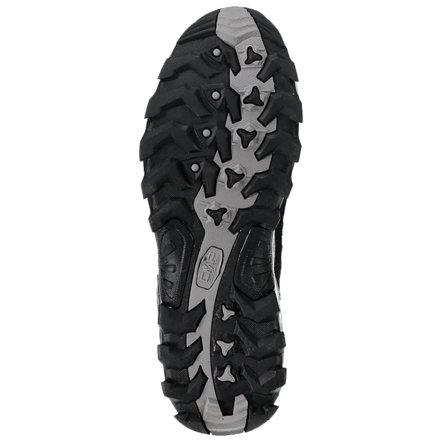 A black sneaker sole is displayed featuring deep treads and uneven textures designed for traction on various surfaces showing wear patterns indicating outdoor use