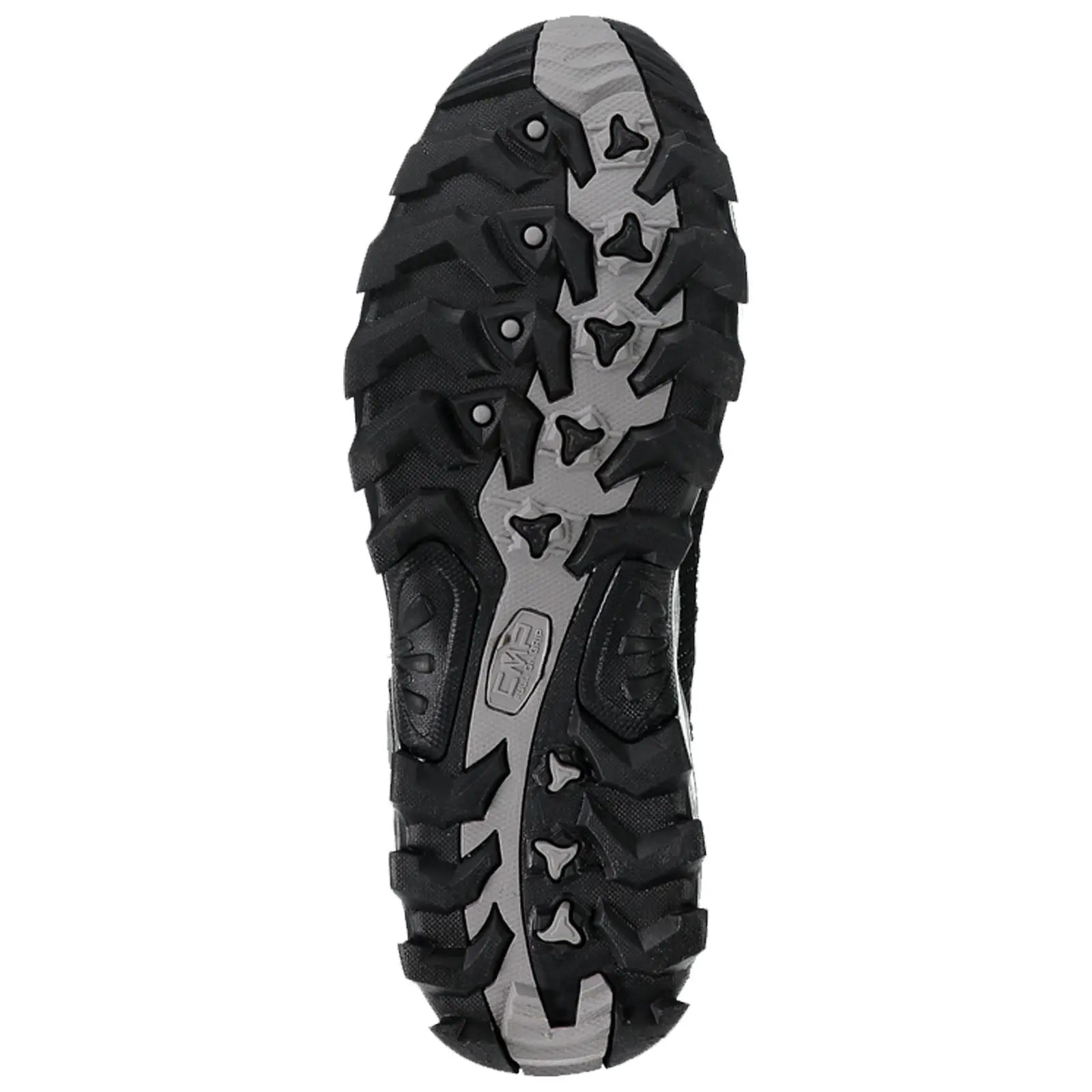 A black sneaker sole is displayed featuring deep treads and uneven textures designed for traction on various surfaces showing wear patterns indicating outdoor use