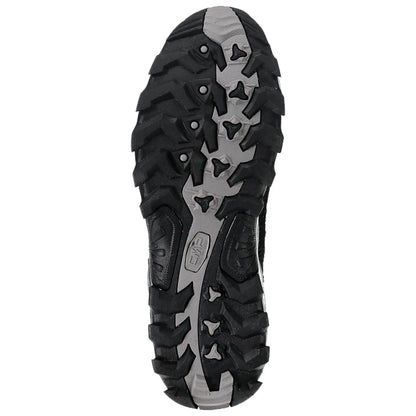 A black sneaker sole is displayed featuring deep treads and uneven textures designed for traction on various surfaces showing wear patterns indicating outdoor use
