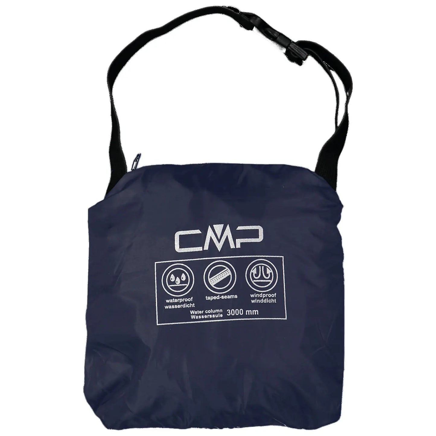 A navy-colored waterproof carry bag hangs from a strap displaying waterproof and windproof icons along with the text CMP and water column measurement of 3000 mm.