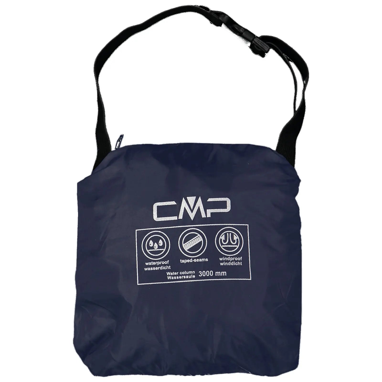 A navy-colored waterproof carry bag hangs from a strap displaying waterproof and windproof icons along with the text CMP and water column measurement of 3000 mm.