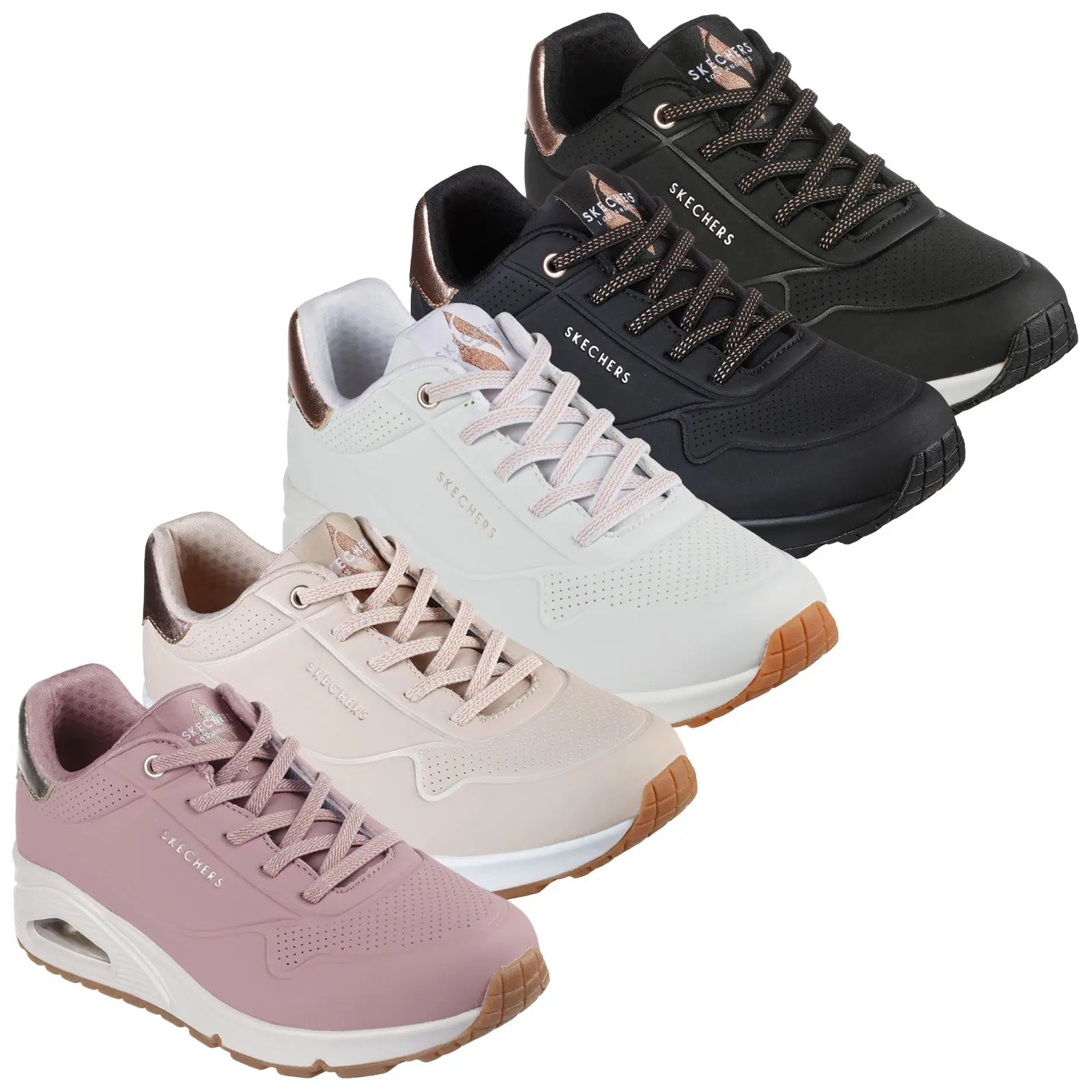 Four pairs of Skechers sneakers are displayed in a row each with a distinct color scheme including black white pale pink and light pink showcasing their sleek design and laced structure