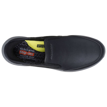 A black slip-on shoe is displayed, featuring a smooth exterior and a cushioned inner lining. It is designed for comfort and convenience, suitable for casual wear or quick use. Text includes Skechers Slip-ins, reduces odor, and gogamat.