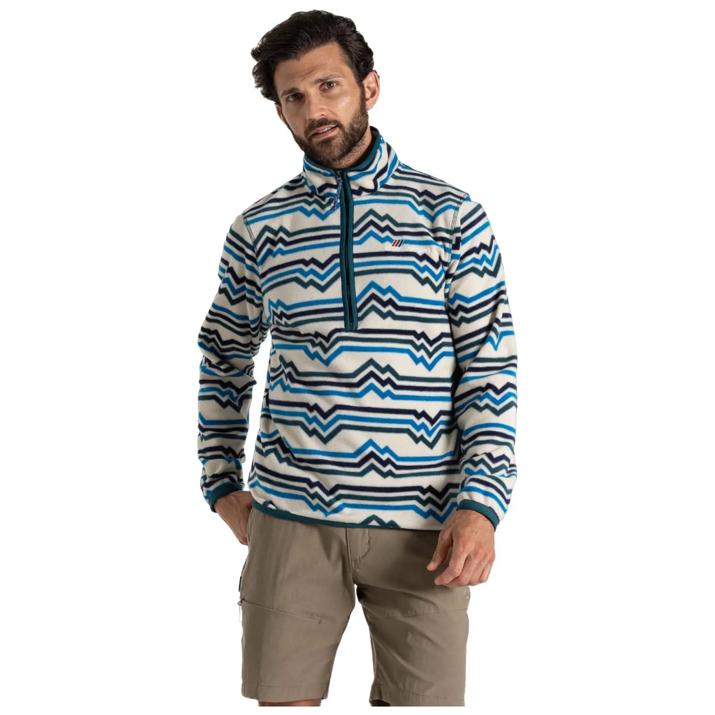 A man stands wearing a patterned fleece pullover with blue and white zigzag designs and khaki shorts while looking directly at the camera in a neutral background.