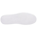 A white shoe sole is displayed facing upward showcasing a zigzag tread pattern while emphasizing clean lines and a minimalist design in a neutral background.