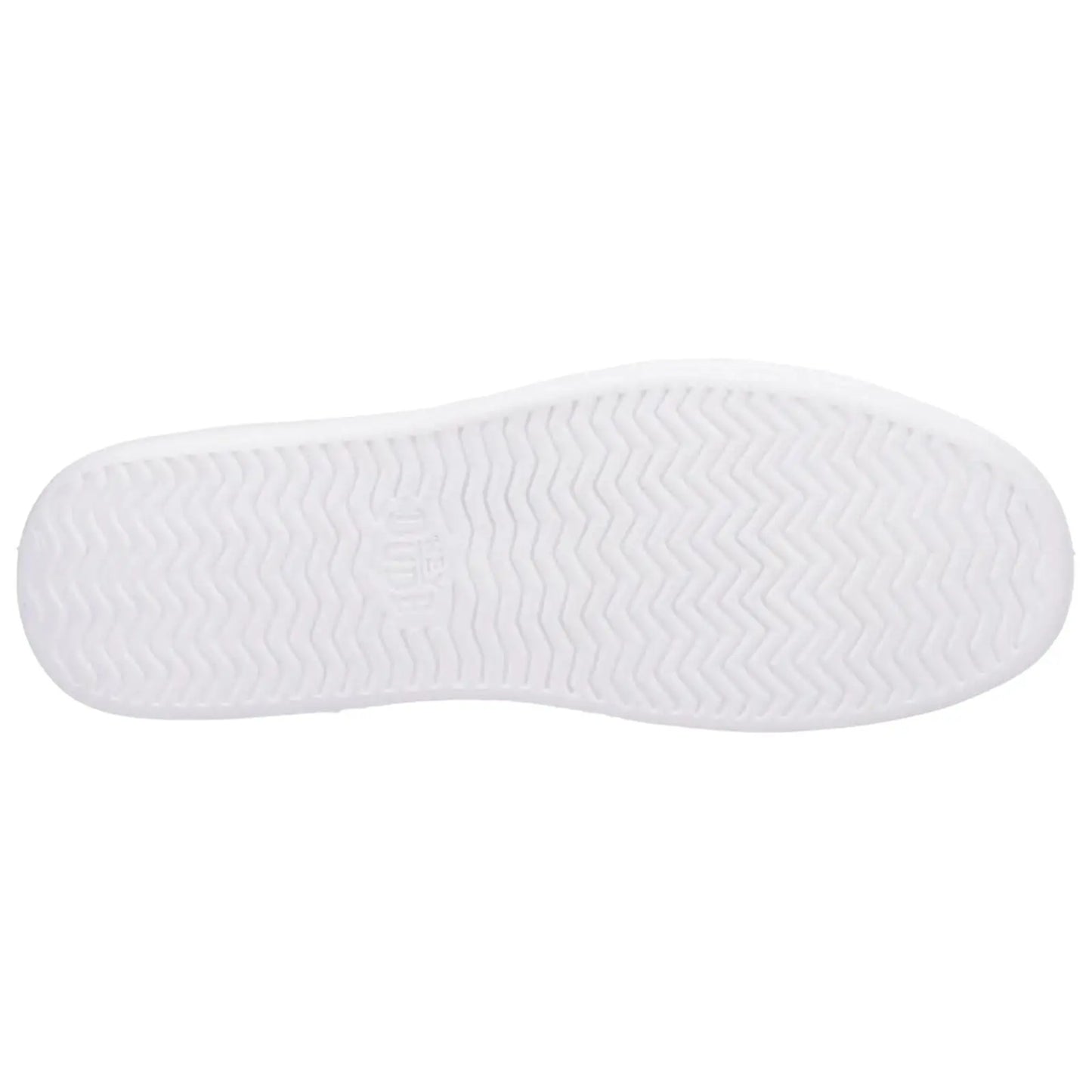 A white shoe sole is displayed facing upward showcasing a zigzag tread pattern while emphasizing clean lines and a minimalist design in a neutral background.