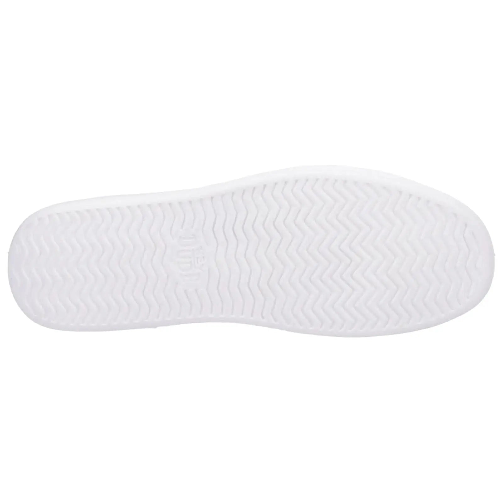A white shoe sole is displayed facing upward showcasing a zigzag tread pattern while emphasizing clean lines and a minimalist design in a neutral background.