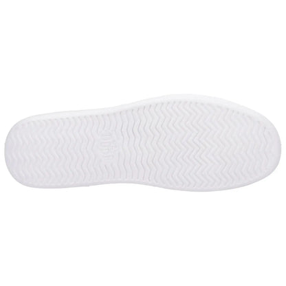 A white shoe sole is displayed facing upward showcasing a zigzag tread pattern while emphasizing clean lines and a minimalist design in a neutral background.