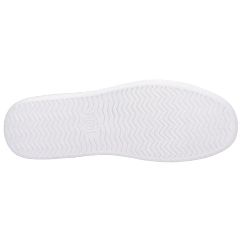 A white shoe sole is displayed facing upward showcasing a zigzag tread pattern while emphasizing clean lines and a minimalist design in a neutral background.