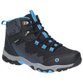 A black and blue waterproof hiking boot sits upright featuring lace closure and a textured upper surface with a pixelated pattern and a sturdy rubber sole designed for outdoor activities.