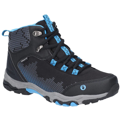A black and blue waterproof hiking boot sits upright featuring lace closure and a textured upper surface with a pixelated pattern and a sturdy rubber sole designed for outdoor activities.