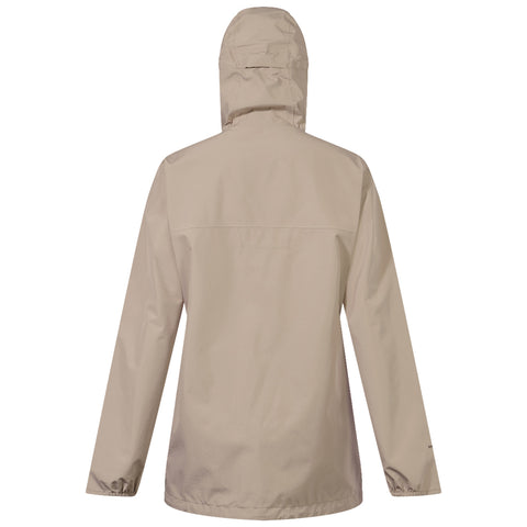 A beige rain jacket is displayed facing away showing a hood and long sleeves with elastic cuffs in a plain background suggesting it is meant for outdoor use in wet weather.