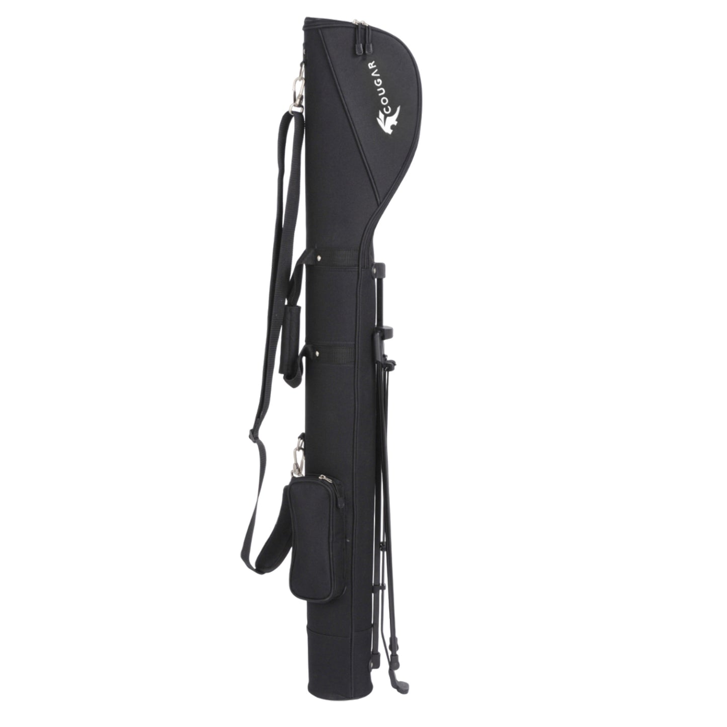 A black, cylindrical case with a shoulder strap and a small side pocket stands upright, designed for transporting musical instruments like guitars, featuring a sturdy exterior for protection.