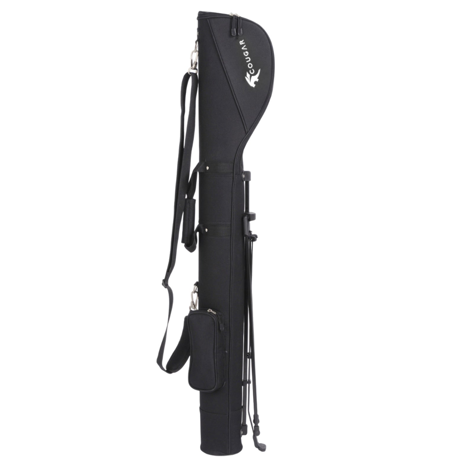 A black, cylindrical case with a shoulder strap and a small side pocket stands upright, designed for transporting musical instruments like guitars, featuring a sturdy exterior for protection.