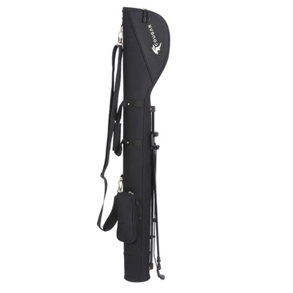 A black, cylindrical case with a shoulder strap and a small side pocket stands upright, designed for transporting musical instruments like guitars, featuring a sturdy exterior for protection.