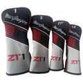 Four golf club headcovers in black and gray display a sleek design with red accents and the text MacGregor and ZT1 on each cover indicating different club sizes and angles