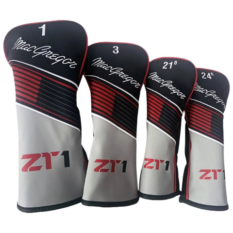 Four golf club headcovers in black and gray display a sleek design with red accents and the text MacGregor and ZT1 on each cover indicating different club sizes and angles