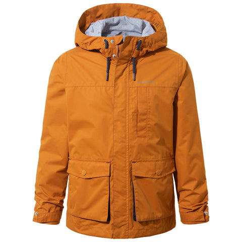 A bright orange hooded jacket is displayed facing forward with two front pockets and a zipper closure showing a light gray liner inside in a neutral background.