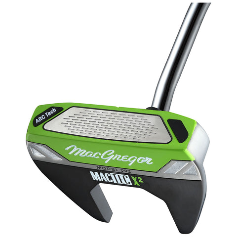 A golf putter is displayed with a green and silver head featuring a textured striking surface and an angled design the shaft is shiny and extends upwards from the head.