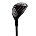 A black golf club with a sleek design and pink accents is displayed at an angle showcasing the head and shaft ready for use on a course or driving range.