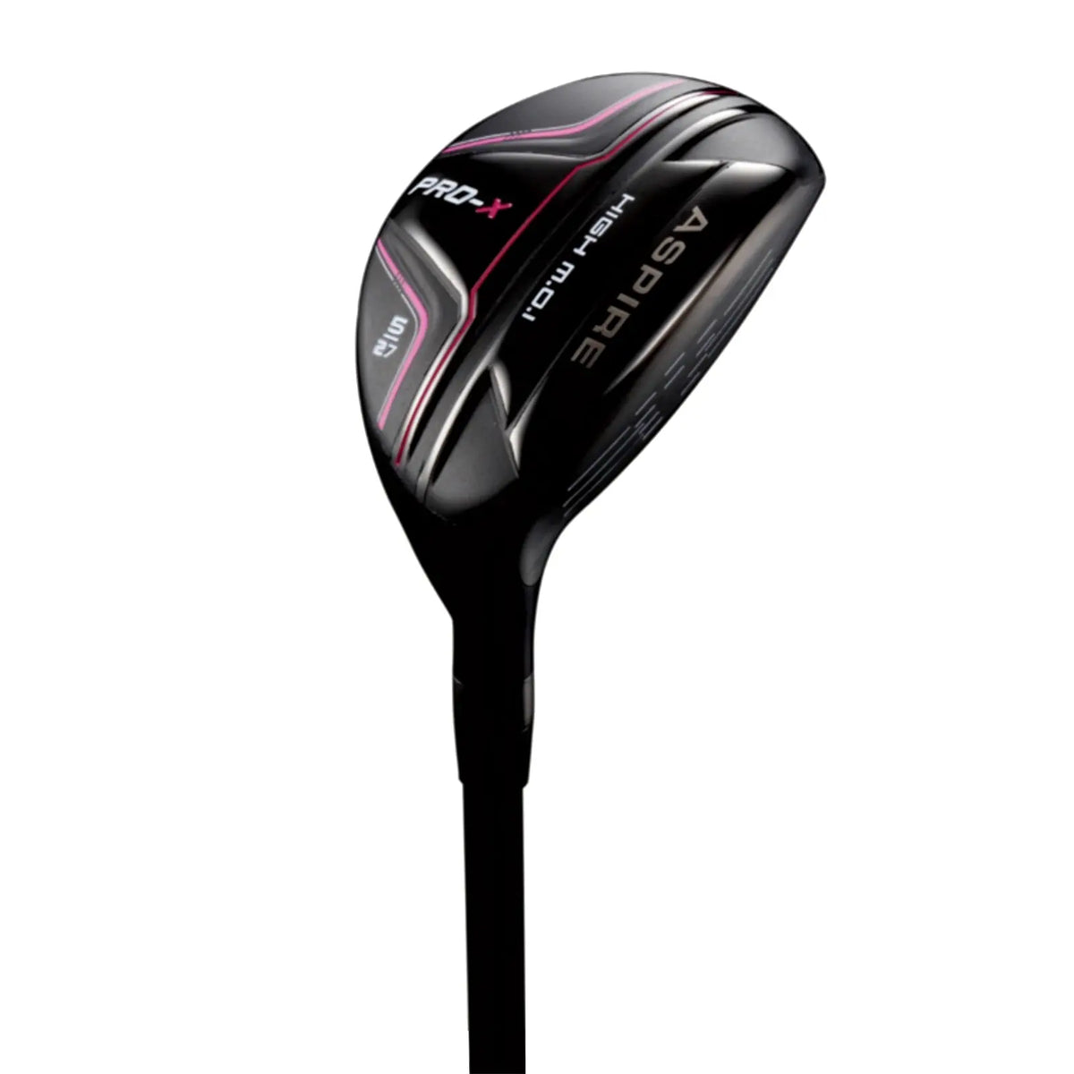 A black golf club with a sleek design and pink accents is displayed at an angle showcasing the head and shaft ready for use on a course or driving range.