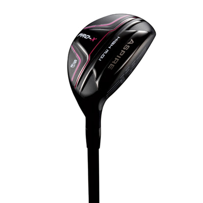 A black golf club with a sleek design and pink accents is displayed at an angle showcasing the head and shaft ready for use on a course or driving range.