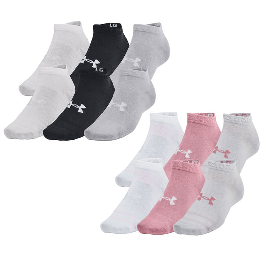 A collection of six pairs of ankle-length socks is displayed featuring colors white black gray and pink with the Under Armour logo visible on each sock in a neutral background.