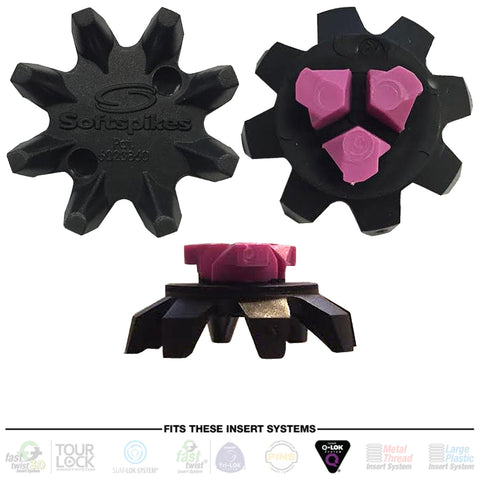 A black golf shoe spike with a star shape features three pink grip elements on top and has different angles presented. It is designed for various insert systems shown below.