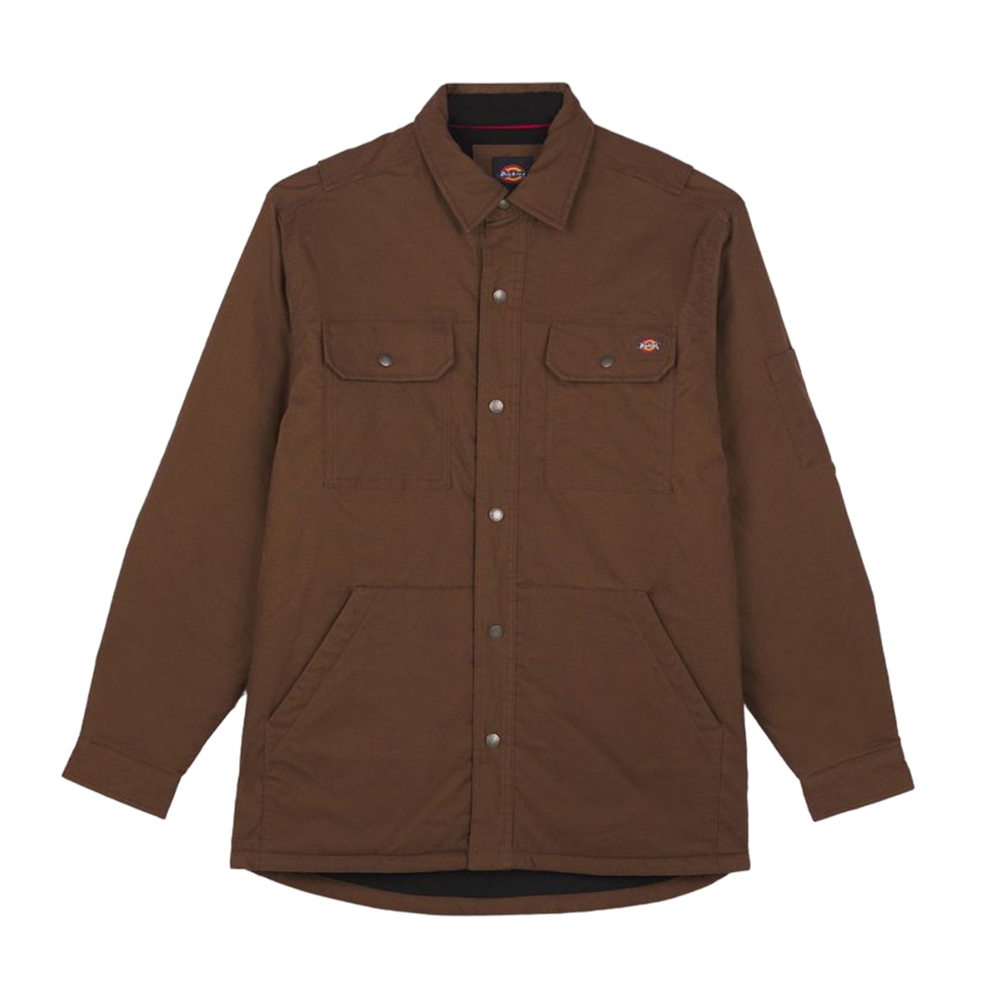 A brown jacket with a collared neck features two chest pockets and a front snap closure. It is displayed against a plain white background.