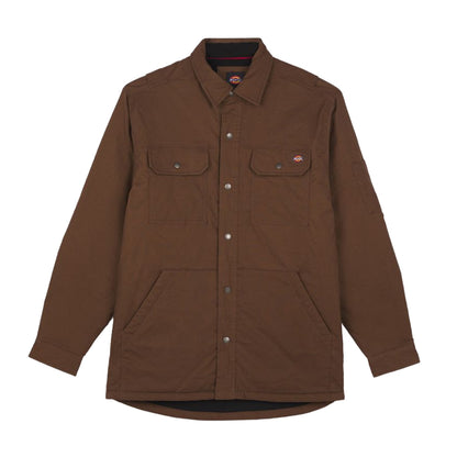 A brown jacket with a collared neck features two chest pockets and a front snap closure. It is displayed against a plain white background.