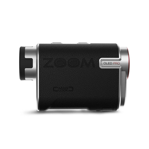 A compact camera with a textured black body features a prominent lens and metallic accents while showcasing the name "ZOOM" and "OLED PRO" on its side designed for photography in various environments.