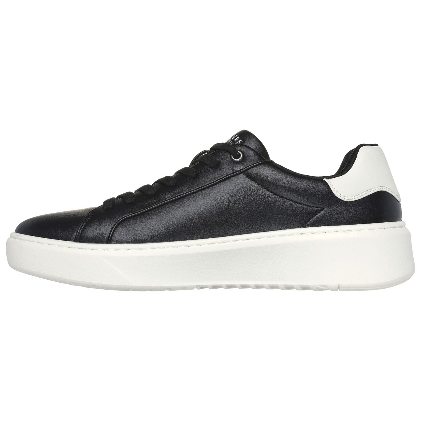A black leather sneaker with a white sole features a sleek design and round laces situated on the left side, showcasing a modern sporty style against a plain white background.
