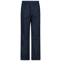 Navy blue waterproof pants stand vertically with an elastic waistband. They are designed for outdoor wear and are suitable for rainy weather or activities requiring moisture protection.