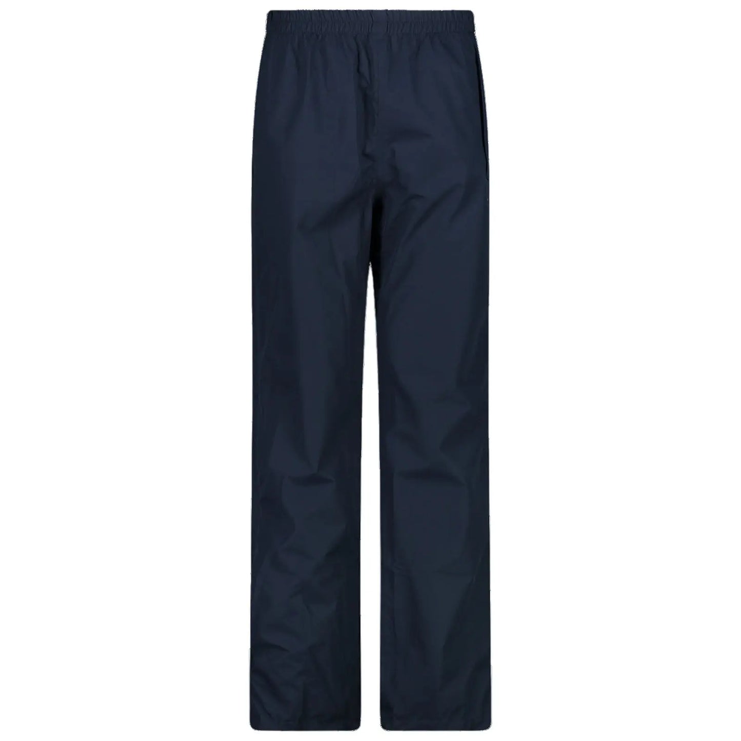 Navy blue waterproof pants stand vertically with an elastic waistband. They are designed for outdoor wear and are suitable for rainy weather or activities requiring moisture protection.