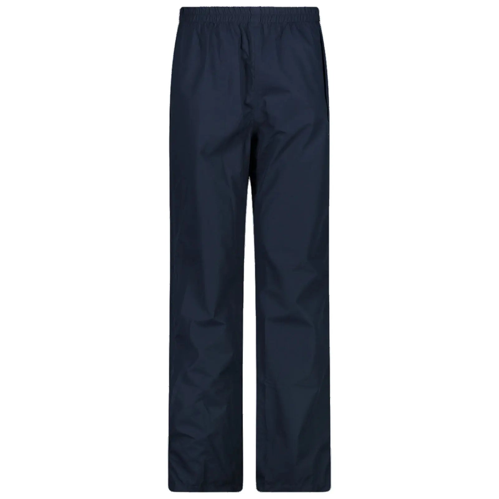 Navy blue waterproof pants stand vertically with an elastic waistband. They are designed for outdoor wear and are suitable for rainy weather or activities requiring moisture protection.
