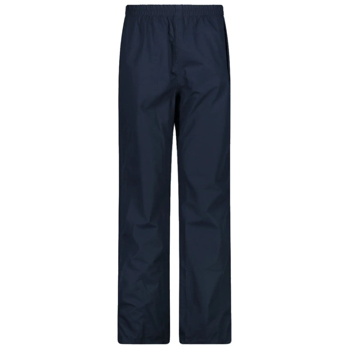 Navy blue waterproof pants stand vertically with an elastic waistband. They are designed for outdoor wear and are suitable for rainy weather or activities requiring moisture protection.