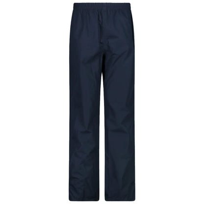 Navy blue waterproof pants stand vertically with an elastic waistband. They are designed for outdoor wear and are suitable for rainy weather or activities requiring moisture protection.