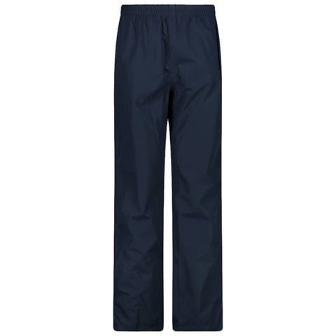 Navy blue waterproof pants stand vertically with an elastic waistband. They are designed for outdoor wear and are suitable for rainy weather or activities requiring moisture protection.