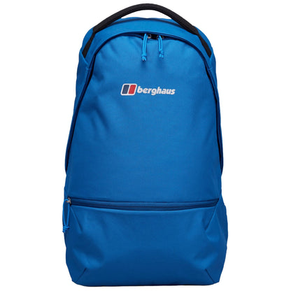 A blue backpack is standing upright featuring a logo on the front it has a main zip compartment and a smaller zippered pocket at the bottom designed for carrying belongings.