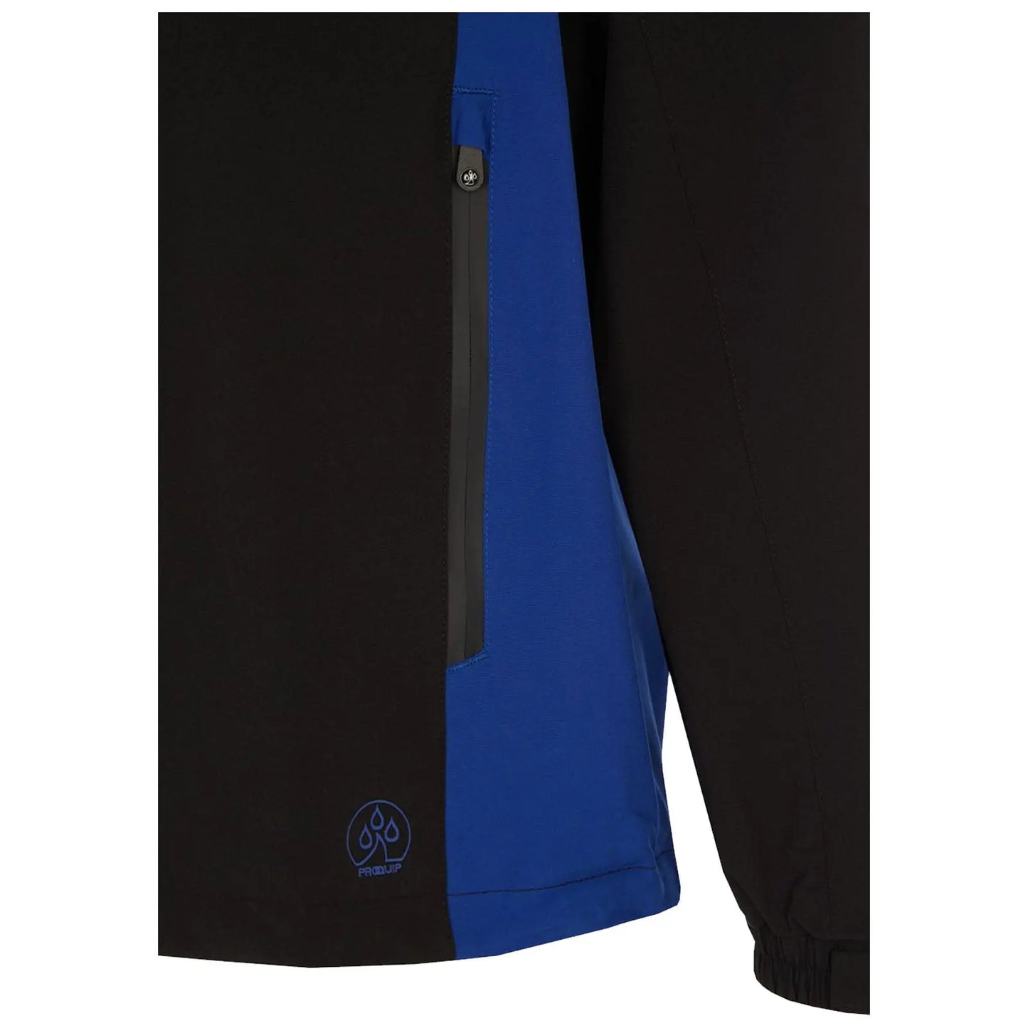A black and blue jacket features a side pocket with a button closure and a logo at the bottom. The fabric appears smooth and suitable for outdoor use.