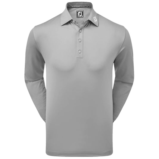 A long-sleeved gray polo shirt is displayed front-facing with a collar and three buttons. The shirt features a logo on the collar and is presented against a plain background.