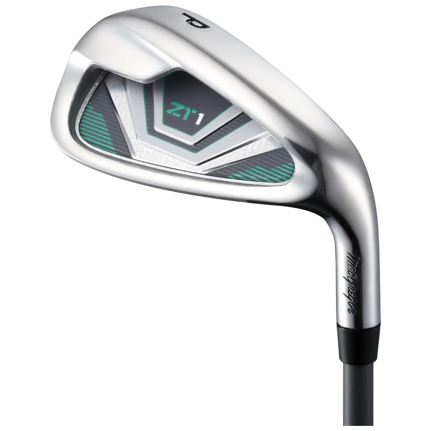 A golf club head with a sleek silver finish features a geometric design on the face and a sturdy black shaft indicating it's designed for precise shots in a golfing environment.