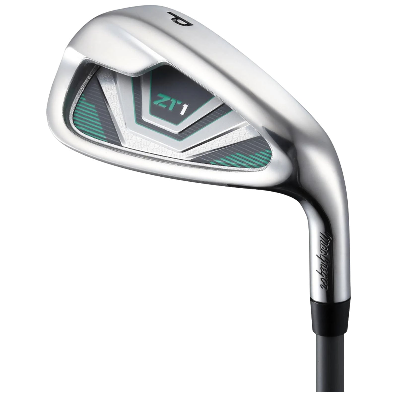 A golf club head with a sleek silver finish features a geometric design on the face and a sturdy black shaft indicating it's designed for precise shots in a golfing environment.