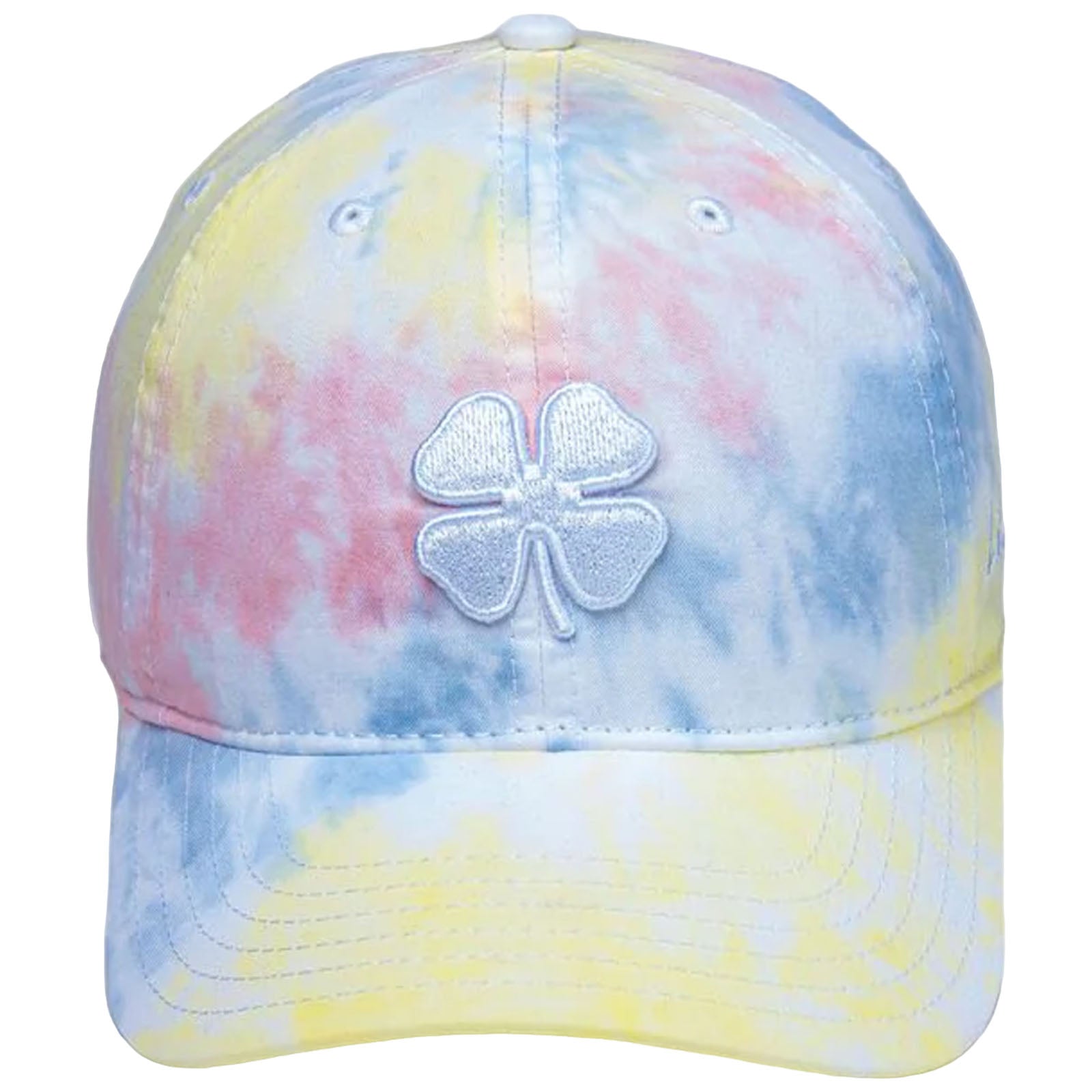 A colorful tie-dye cap features a white embroidered four-leaf clover logo at the front the cap's fabric blends pastel shades of blue pink and yellow creating a vibrant look