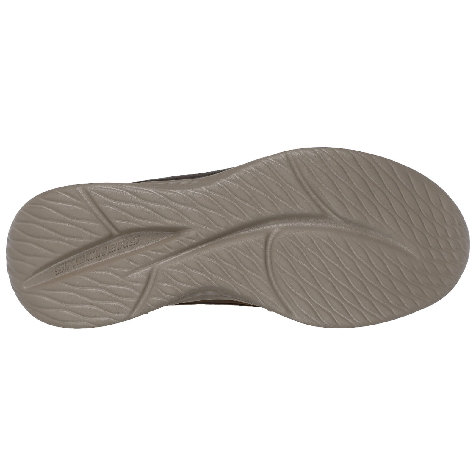 A textured shoe sole displays a flexible design with a distinct tread pattern and a logo labeled Skechers positioned along the edge, set against a plain background.