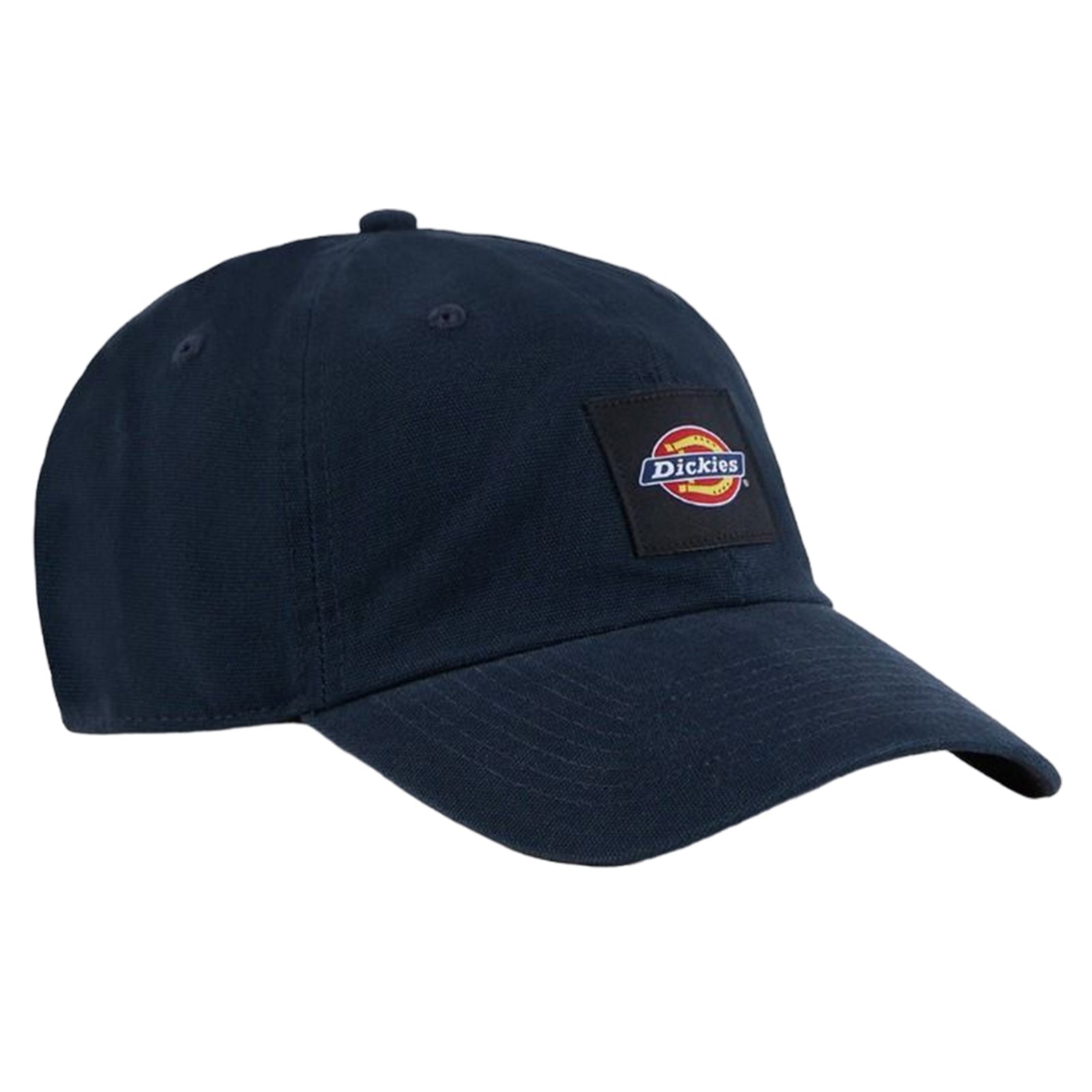 A dark navy baseball cap rests with a curved brim and an embroidered logo patch on the front displaying the brand name Dickies