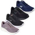 Four pairs of athletic shoes are displayed featuring varied colors including navy black and lavender. Each shoe has a mesh design and laces suggesting suitability for casual or active wear.