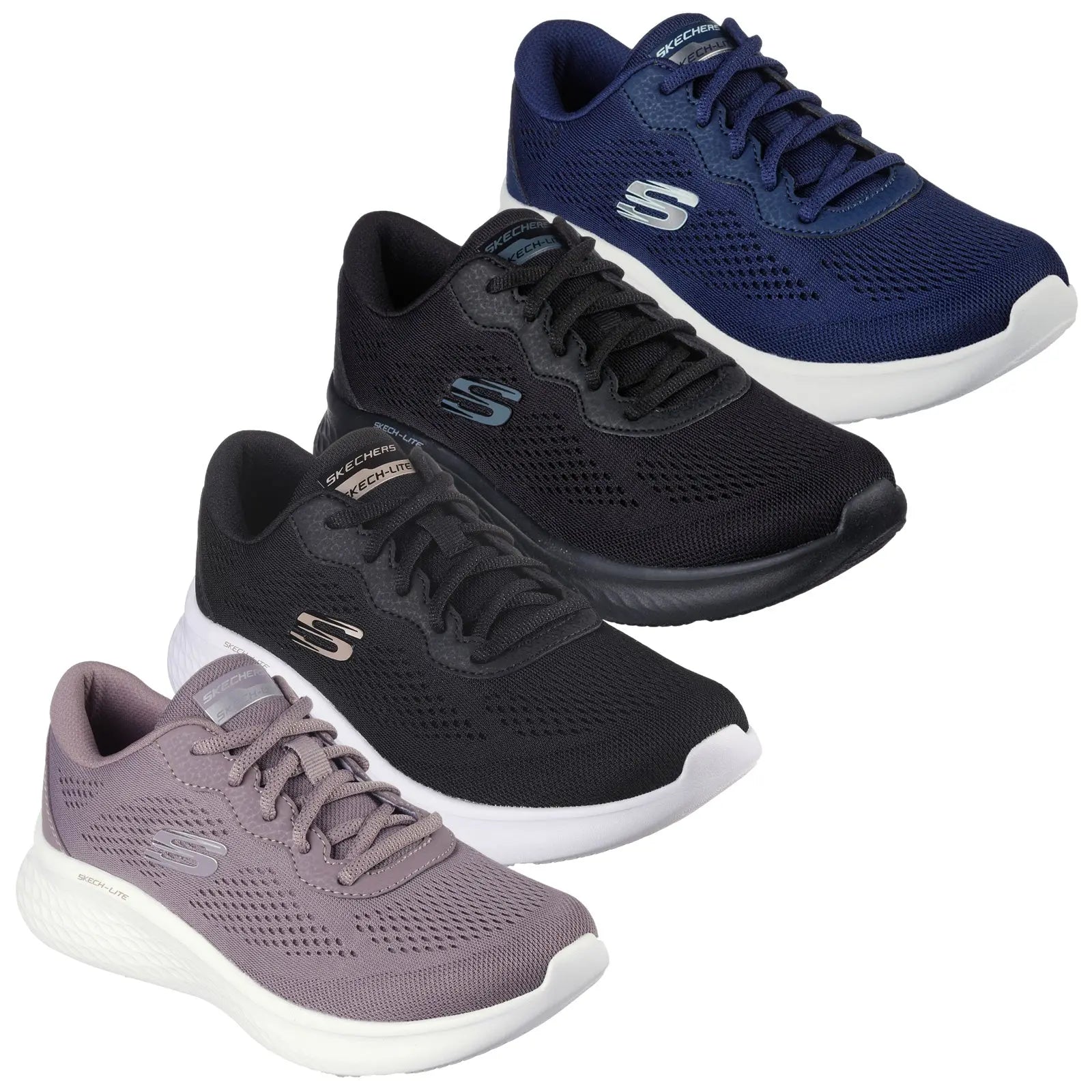 Four pairs of athletic shoes are displayed featuring varied colors including navy black and lavender. Each shoe has a mesh design and laces suggesting suitability for casual or active wear.